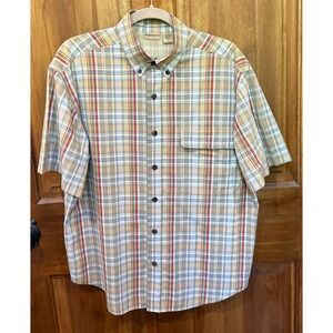RuffHewn Mens Short Sleeve‎ Plaid Fishing Hiking Shirt Ventilated Tan Blue Large